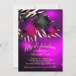 Invitación Fabuloso 50 Plum Morado Oro Negro Hibiscus fiesta