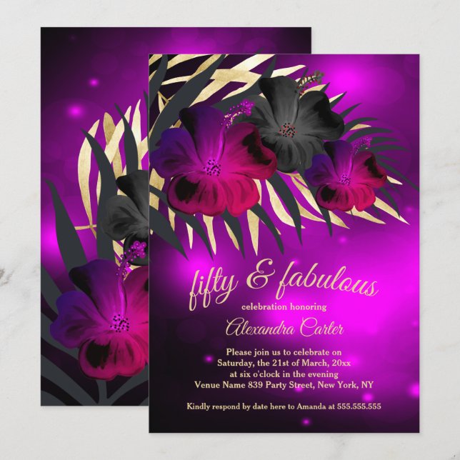 Invitación Fabuloso 50 Plum Morado Oro Negro Hibiscus fiesta (Anverso / Reverso)