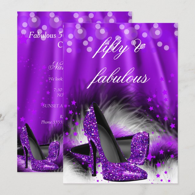 Invitación Fabuloso 50 Púrpura Estrellas de talón alto Cumple (Anverso / Reverso)