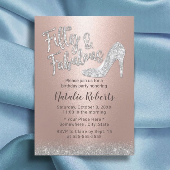 Invitación Fabuloso 50 Purpurina Silver y Rosa Gold Cumpleaño (Subido por el creador)