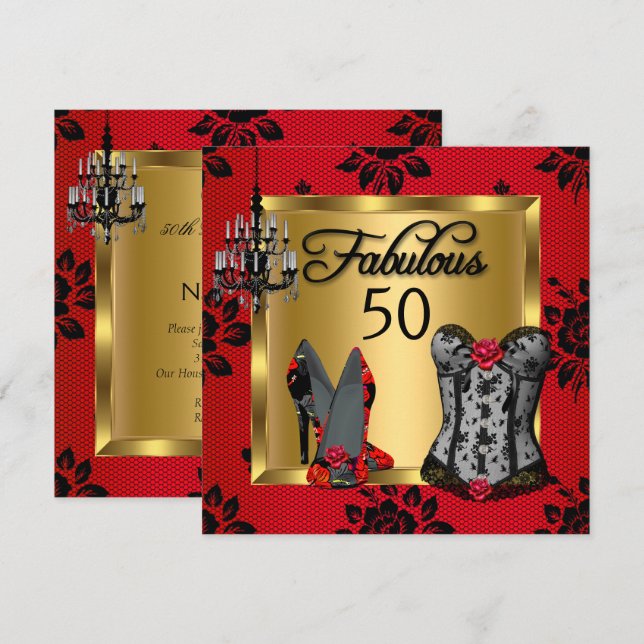 Invitación Fabuloso 50 Red Black Heels Flirty Birthday Party (Anverso / Reverso)