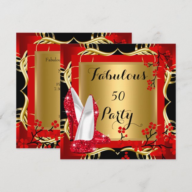 Invitación Fabuloso 50 Red Hi Heels Blossom Black Gold (Anverso / Reverso)