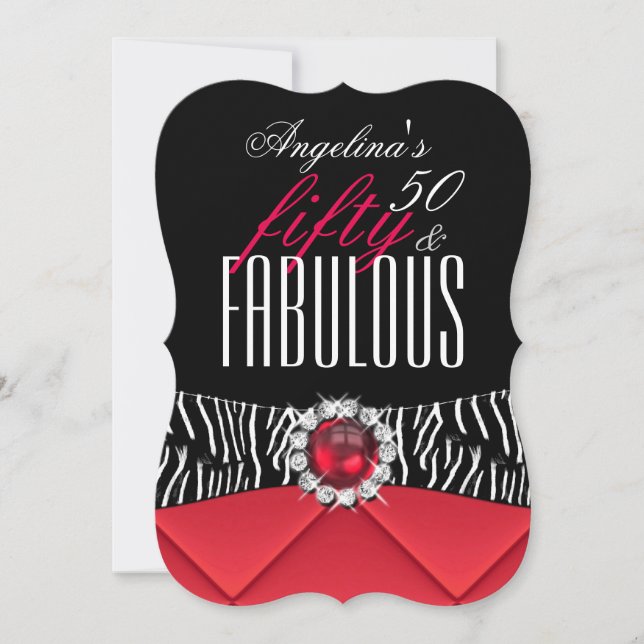 Invitación Fabuloso 50 Red Zebra Black White Birthday Party 2 (Anverso)