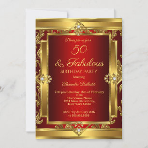 Invitación Fabuloso 50 Rojo Dorado Damasco Fiesta de Cumpleañ
