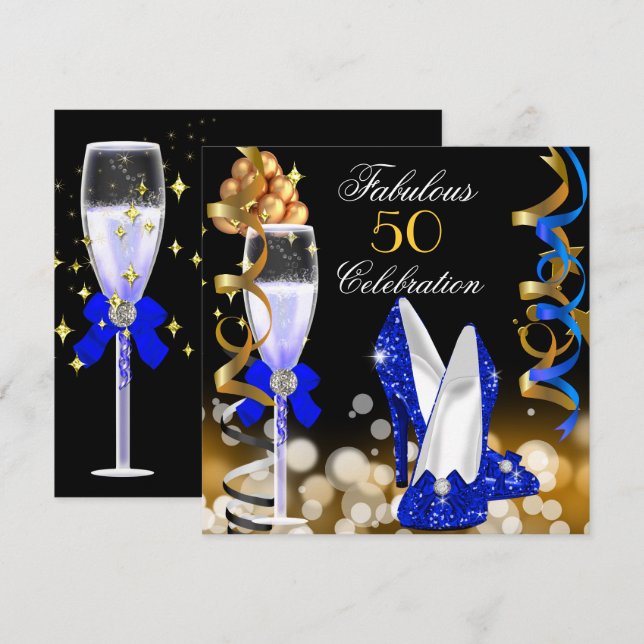 Invitación Fabuloso 50 Royal Blue Black Gold Party (Anverso / Reverso)
