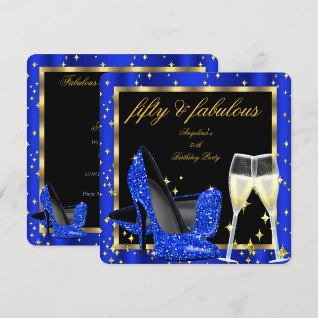 Invitación Fabuloso 50 Royal Blue Champagne Heels Cumpleaños (Anverso / Reverso)