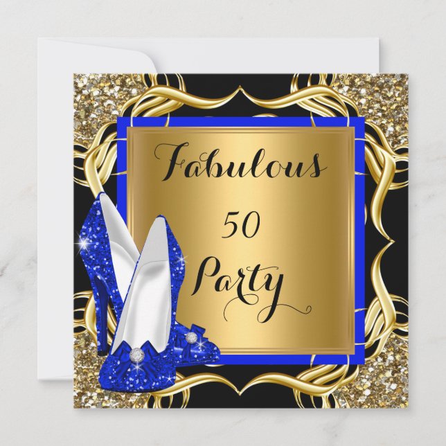 Invitación Fabuloso 50 Royal Blue Heels Purpurina Negro Oro (Anverso)
