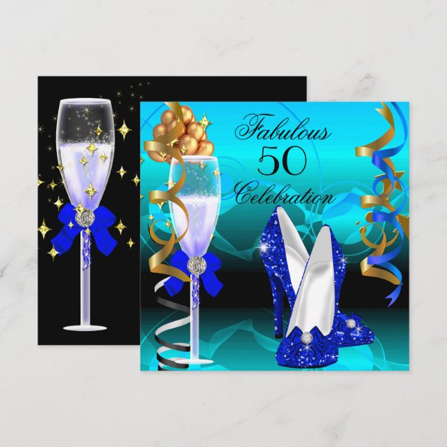 Invitación Fabuloso 50 Royal Blue Verde azulada Gold Party (Anverso / Reverso)