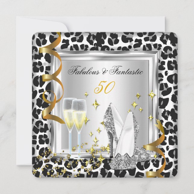 Invitación Fabuloso 50 Silver Heels Leopard Gold Birthday 2 (Anverso)