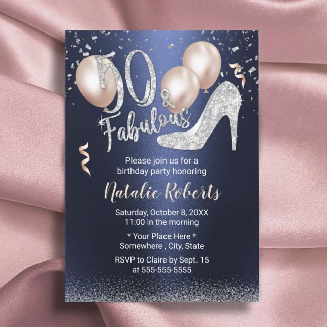 Invitación Fabuloso 50 Silver High Heel Navy 50 cumpleaños (Subido por el creador)