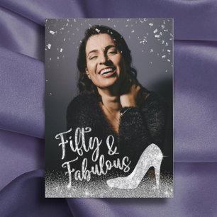 Invitación Fabuloso 50 Silver Purpurina Añade tu cumpleaños d