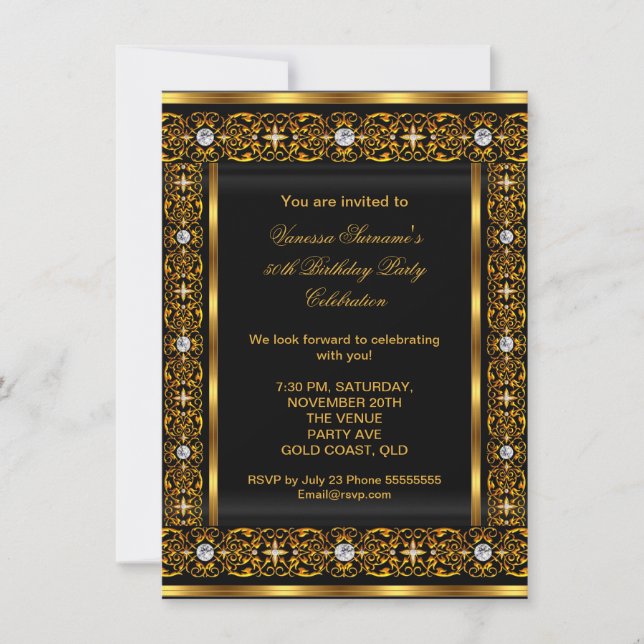 Invitación Fabuloso 50 Super Elegante Diamante Oro Negro 3 (Anverso)