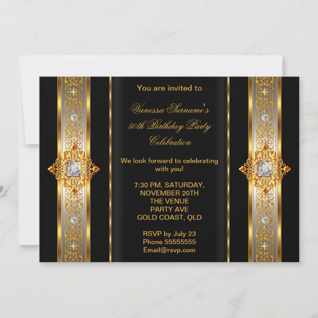 Invitación Fabuloso 50 Super Elegante Dorado Negro (Anverso)