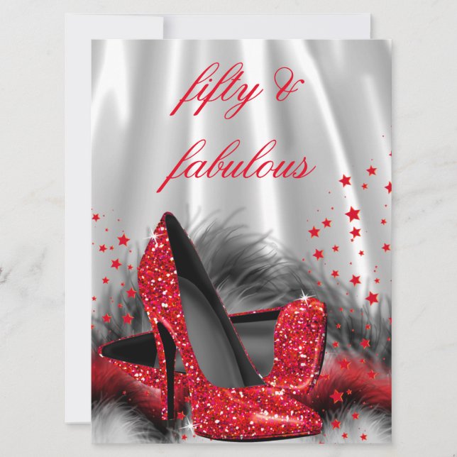 Invitación Fabuloso 50 tacones altos rojos Black Silver Cumpl (Anverso)