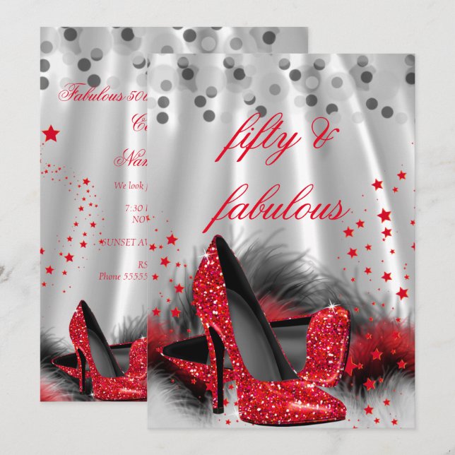 Invitación Fabuloso 50 tacones altos rojos Black Silver Cumpl (Anverso / Reverso)