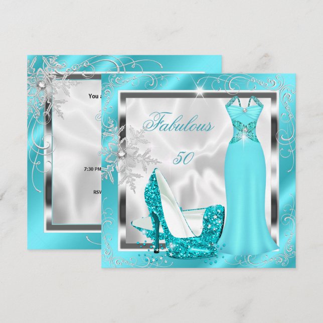 Invitación Fabuloso 50 tacones de Fiesta de plata azul Verde  (Anverso / Reverso)