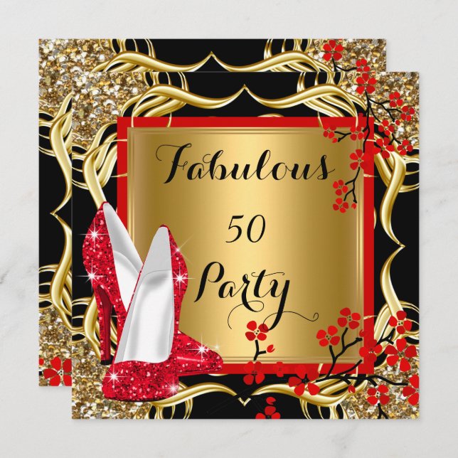 Invitación Fabuloso 50 tacones rojos Blossom Purpurina Negro  (Anverso / Reverso)