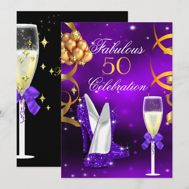 Invitación Fabuloso 50 Talones de oro púrpura Fiesta de champ (Anverso / Reverso)