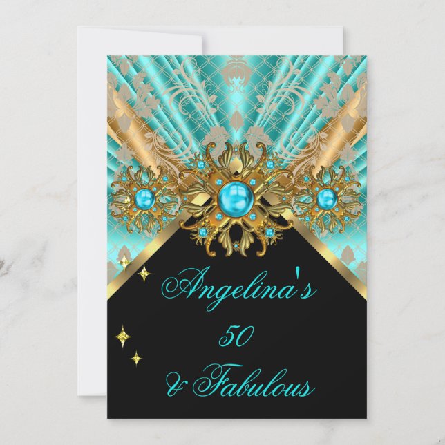 Invitación Fabuloso 50 Verde azulado Blue Gold Black Damask C (Anverso)