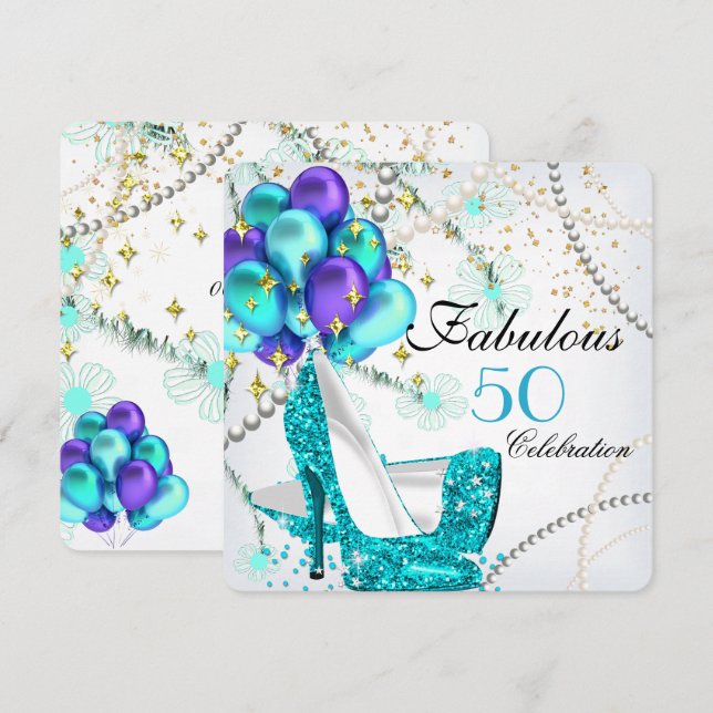 Invitación Fabuloso 50 Verde azulado Blue High Heels Cumpleañ (Anverso / Reverso)