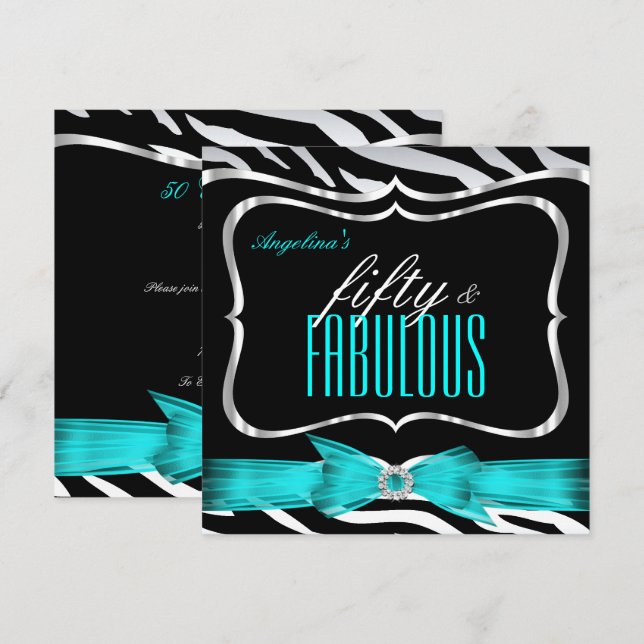 Invitación Fabuloso 50 Verde azulado Blue Zebra Black Elegant (Anverso / Reverso)
