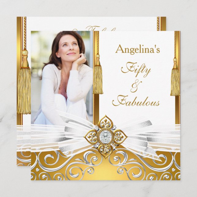Invitación Fabuloso 50 White Damask de Oro Fiesta de cumpleañ (Anverso / Reverso)