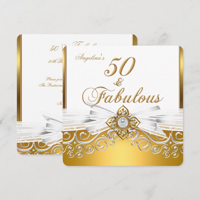 Invitación Fabuloso 50 White Gold Damask Birthday Party (Anverso / Reverso)