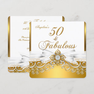 Invitación Fabuloso 50 White Gold Damask Birthday Party