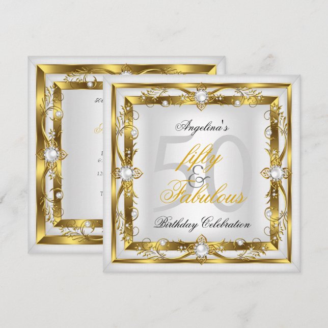 Invitación Fabuloso 50 White Pearl Floral Gold Party (Anverso / Reverso)