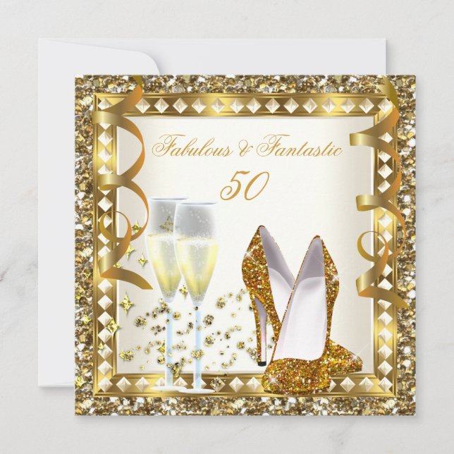 Invitación Fabuloso 50 y fabuloso cumpleaños del Glam Gold Cr (Anverso)