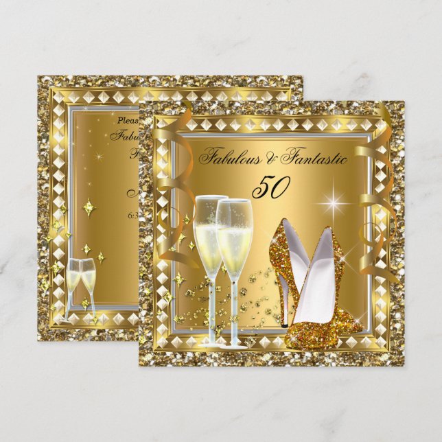 Invitación Fabuloso 50 y fabuloso oro Glam Silver cumpleaños (Anverso / Reverso)