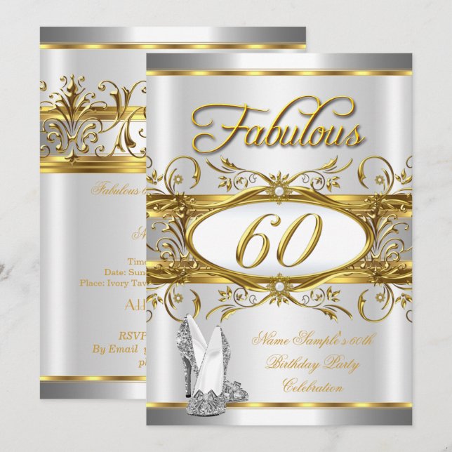 Invitación Fabuloso 60º Cumpleaños Plata de Oro de tacones al (Anverso / Reverso)