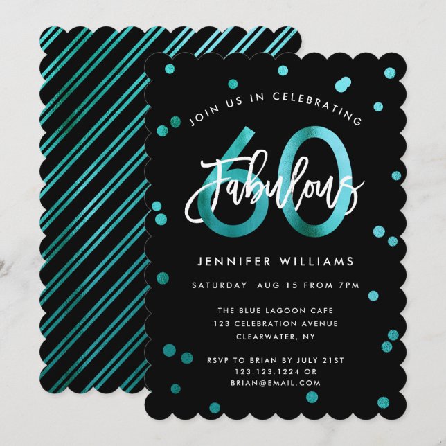 Invitación Fabuloso 60.º | Cumpleaños verde Verde azulado mod (Anverso / Reverso)