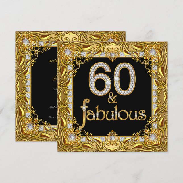 Invitación Fabuloso 60 Diamante de Oro Negro Fiesta de Cumple (Anverso / Reverso)