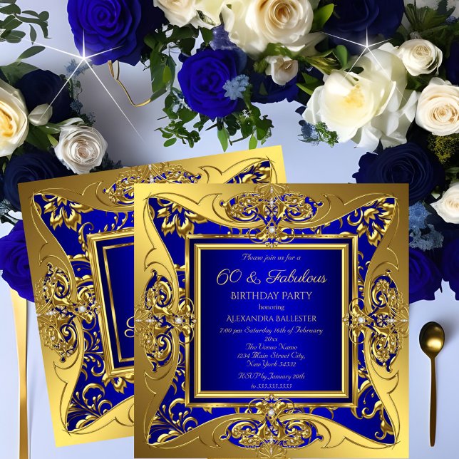 Invitación Fabuloso 60 Fiesta de cumpleaños Royal Blue Gold F (Subido por el creador)