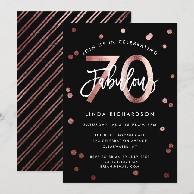 Invitación Fabuloso 70.º | Elegante fiesta de cumpleaños de o (Anverso / Reverso)