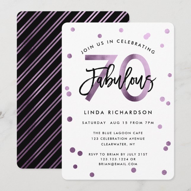 Invitación Fabuloso 70.º | Moderna fiesta de cumpleaños púrpu (Anverso / Reverso)