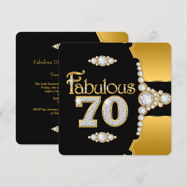 Invitación Fabuloso 70 cumpleaños 70º Diamante Negro Oro (Anverso / Reverso)