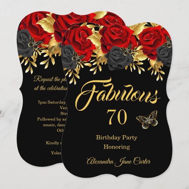 Invitación Fabuloso 70 cumpleaños Rosa negro rojo mariposa (Anverso / Reverso)