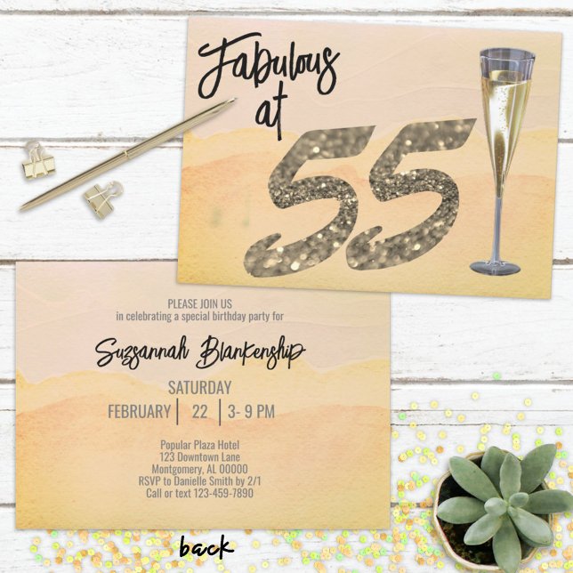 Invitación Fabuloso a los 55 Cumpleaños Pastel Acuarela  (Simply fill in your details and be ready to send via mail or immediately download the invitation. )