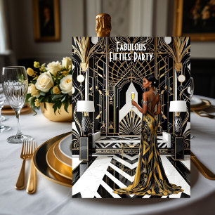 Invitación Fabuloso Art déco Mujer Étnica Dorado Negro Blanco