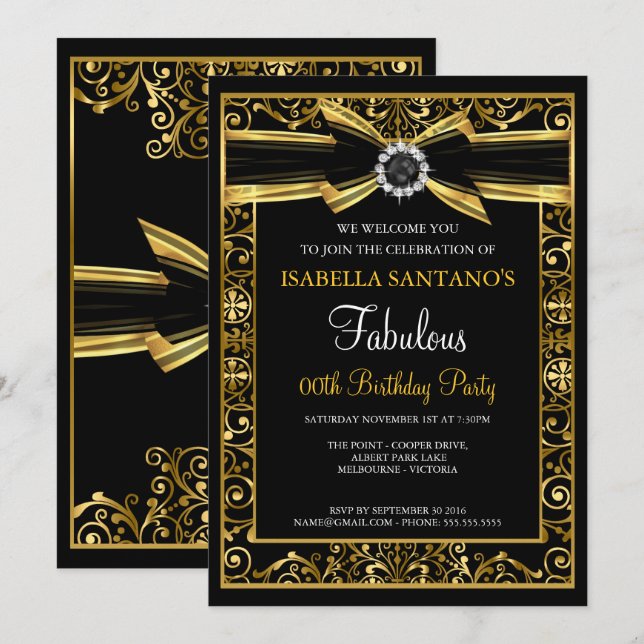 Invitación Fabuloso Birthday Pearl Gold Lace Bow Black Invite (Anverso / Reverso)