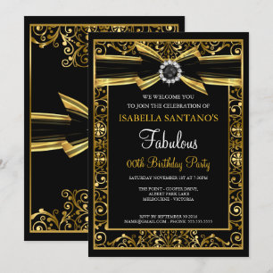 Invitación Fabuloso Birthday Pearl Gold Lace Bow Black Invite