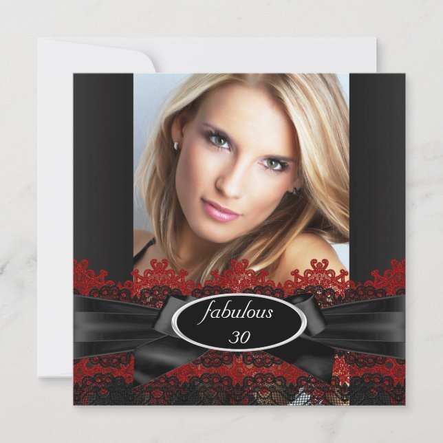 Invitación Fabuloso Black Red Lace Photo Birday Party 2 (Anverso)