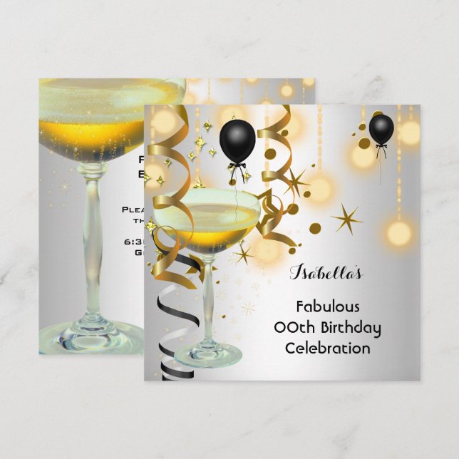 Invitación Fabuloso Champagne Gold Lights Silver Fiesta (Anverso / Reverso)
