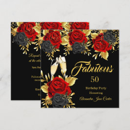 Invitación Fabuloso champán de cumpleaños rosas rojas y negra