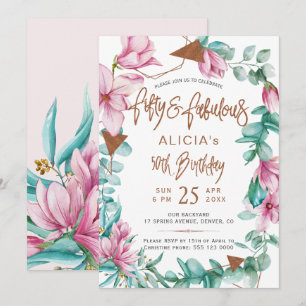 Invitación Fabuloso cincuenta acuarela floral cumpleaños 50