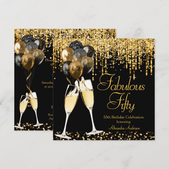 Invitación Fabuloso Cincuenta Cumpleaños Purpurina Gold Champ (Anverso / Reverso)