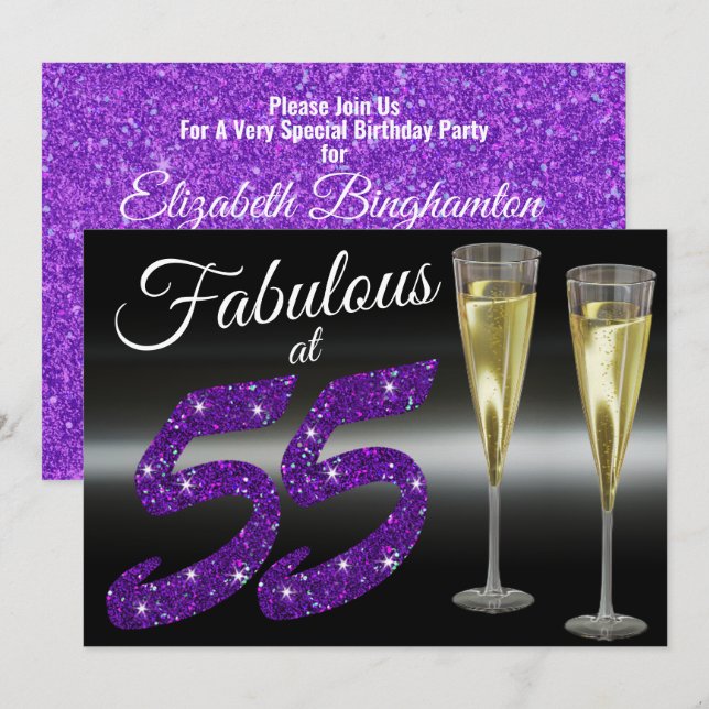 Invitación Fabuloso con 55 Fiesta Purpurina morado de cumplea (Anverso / Reverso)
