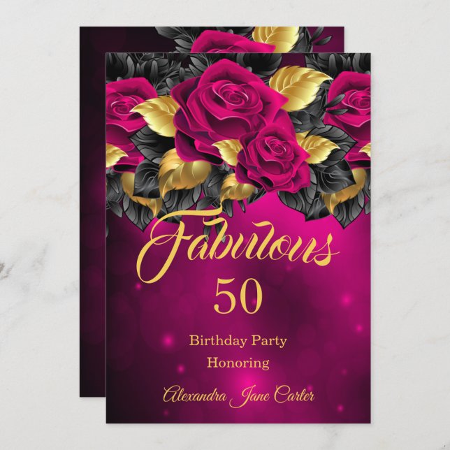 Invitación Fabuloso Cualquier Edad Cumpleaños Oscuro Rosa Oro (Anverso / Reverso)